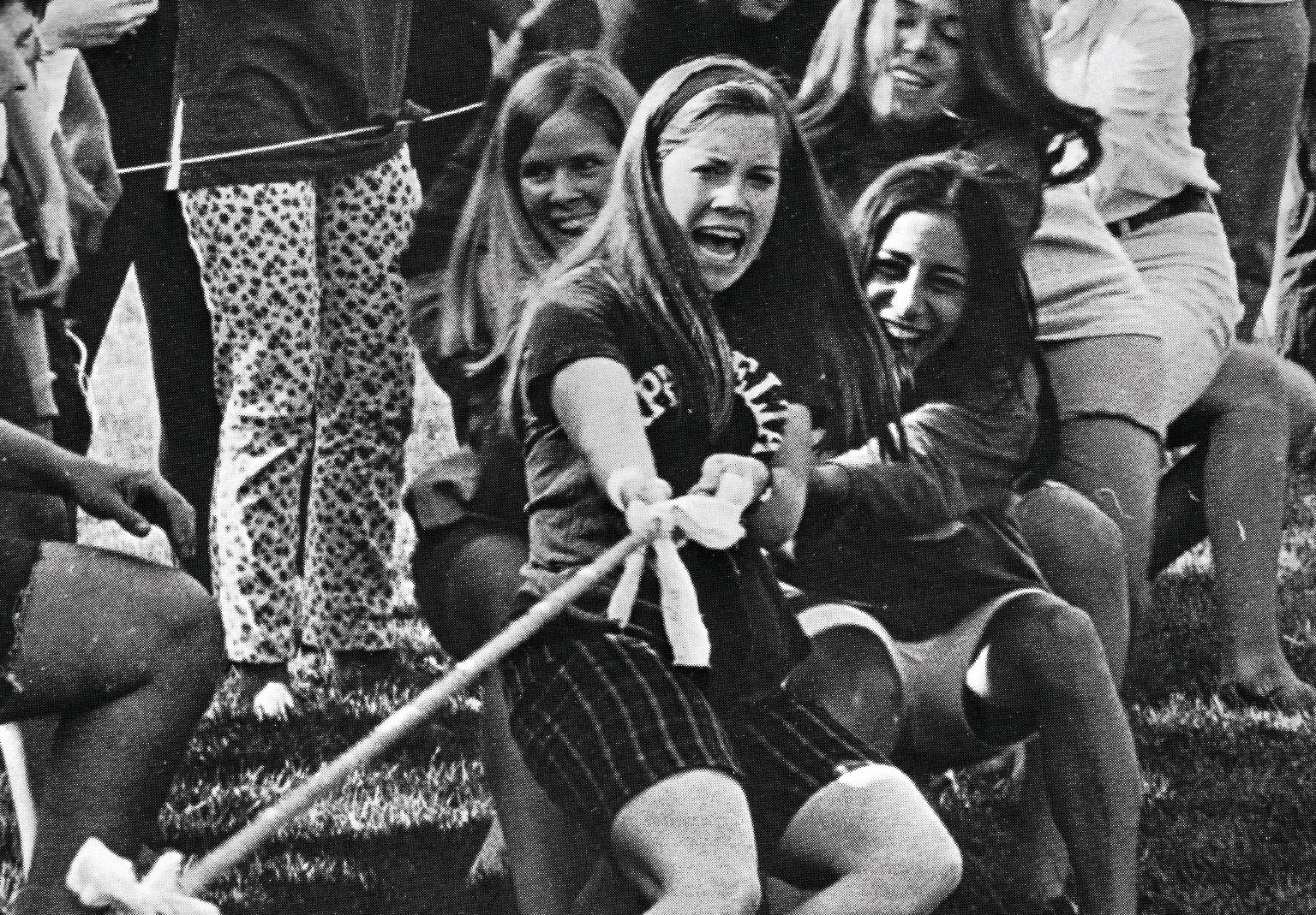 Vintage photo of students playing tug of war